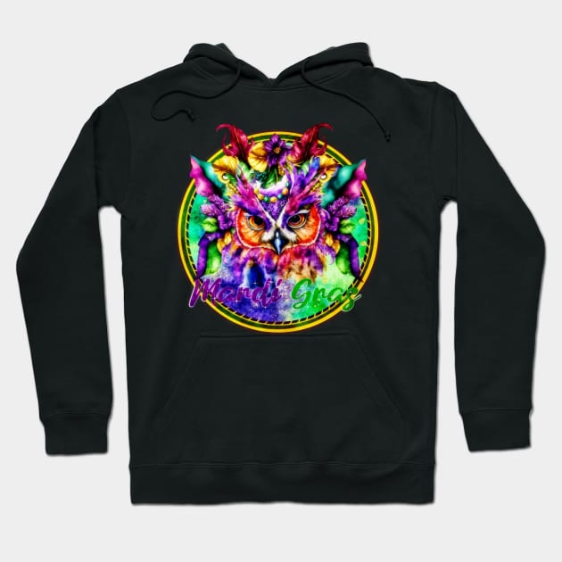 Mardi Gras 2023 Festive Owl Design Hoodie by mythikcreationz